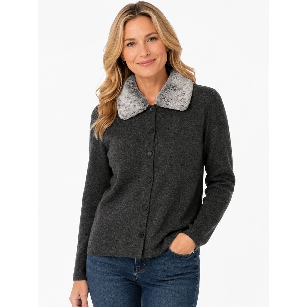 Silvia Novelli Cardigan Sweater Size PL Petite Large Faux Fur Collar Grey Italy
